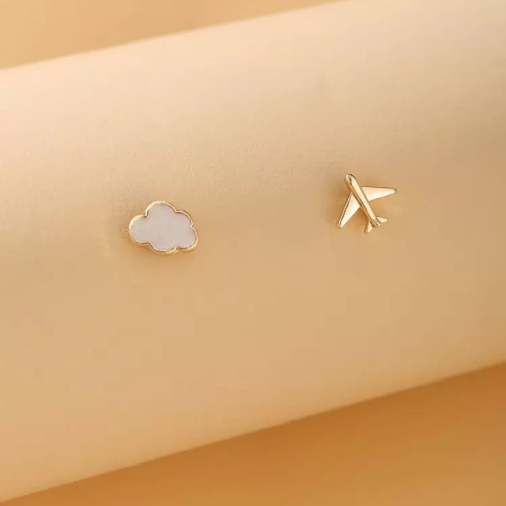 Stainless steel Gold Airplane and White Cloud Stud Earrings